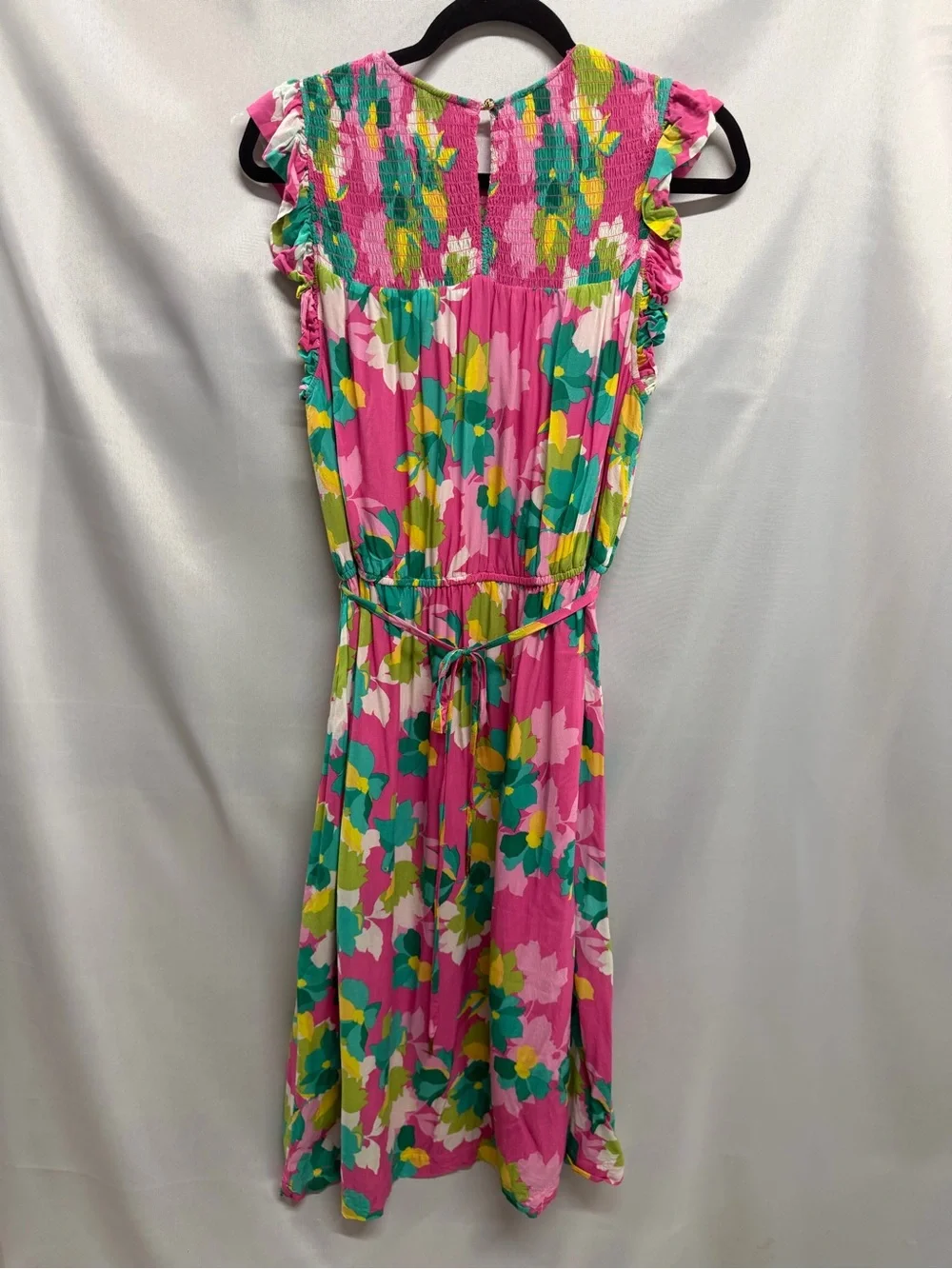 Draper James Floral Sundress Pink Smocked Midi Dress Ruffle Sleeve Belted Large